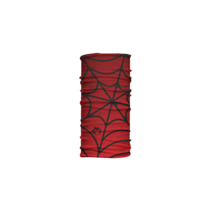 Cuello corto Spider con fondo rojo y diseño de telaraña negra. Hecho en microfibra transpirable para uso urbano, deportivo o casual.