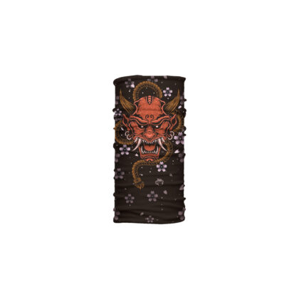 Cuello corto Oni con demonio japonés rojo y flores de cerezo. Microfibra transpirable ideal para sol, casco y climas cambiantes.