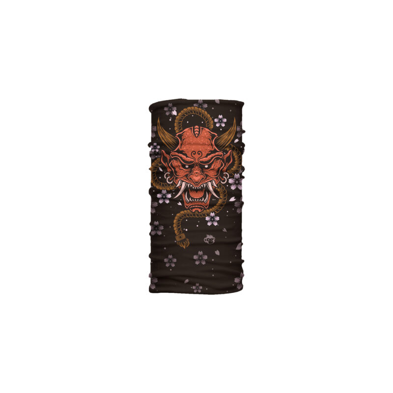 Cuello corto Oni con demonio japonés rojo y flores de cerezo. Microfibra transpirable ideal para sol, casco y climas cambiantes.