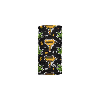 Cuello corto Weed con íconos gráficos en fondo negro y estilo pop urbano. Microfibra transpirable para uso alternativo o creativo.