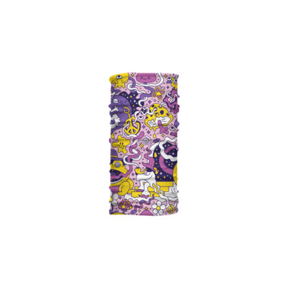 Cuello corto Reyes con diseño psicodélico en morado, amarillo y rosa. Ideal para clima cálido y actividades creativas.