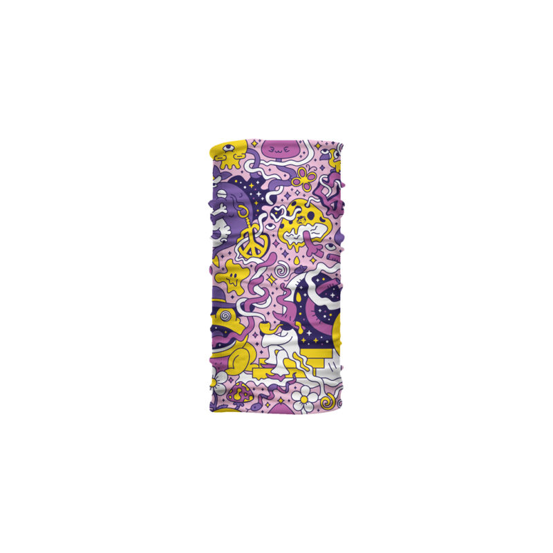 Cuello corto Reyes con diseño psicodélico en morado, amarillo y rosa. Ideal para clima cálido y actividades creativas.