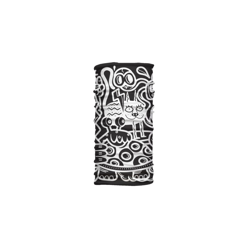 Cuello corto Sinisterra en blanco y negro con ilustraciones abstractas de animales fantásticos. Ideal para climas cambiantes y estilo urbano.