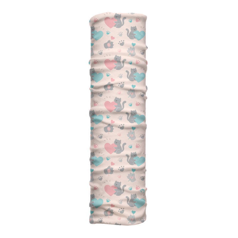 Cuello largo Garromántico con ilustraciones de gatos y corazones. Microfibra transpirable ideal para clima frío, viento o paseos con estilo dulce.