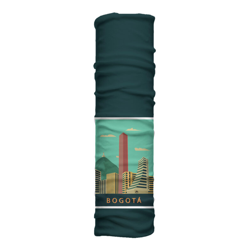 Cuello largo Bogotá con ilustración de skyline urbano y edificios icónicos de la capital. Microfibra transpirable ideal para clima frío y ciudad.