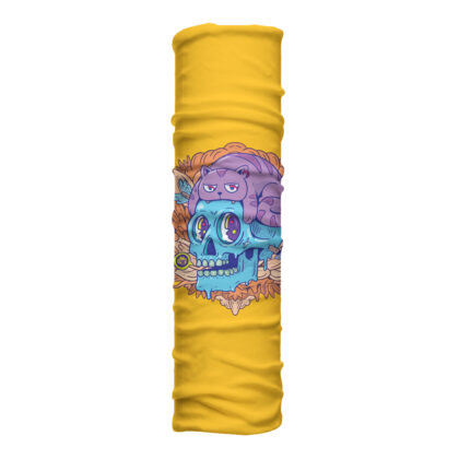 Cuello largo Gavera con ilustración de gato descansando sobre calavera. Microfibra transpirable para protección extendida con estilo introspectivo.
