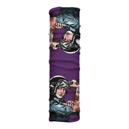 Cuello largo Woman Power con ilustración de mujer motera sobre fondo morado. Protección extendida en microfibra para rostro y cuello.
