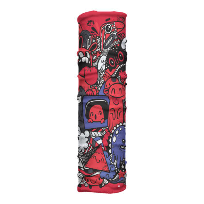 Cuello largo Funny Monster con monstruos psicodélicos sobre fondo rojo. Microfibra transpirable con cobertura extendida para uso urbano y activo.