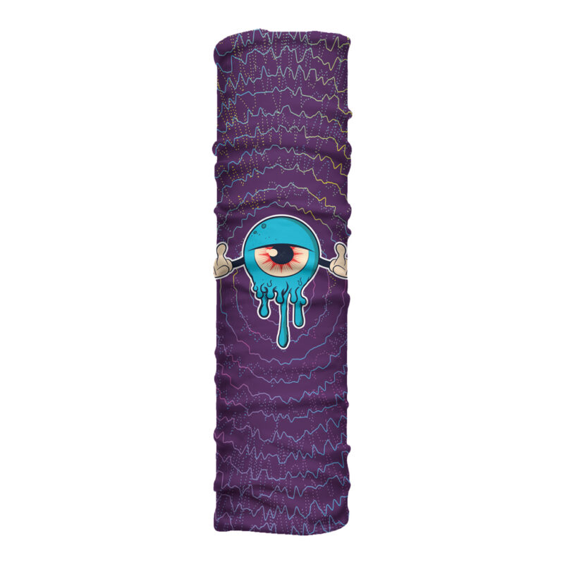 Cuello largo Ojón con gran ojo ilustrado sobre fondo morado psicodélico. Microfibra transpirable para cobertura extendida y expresión creativa.