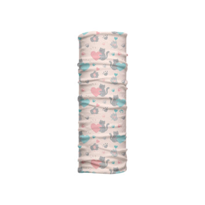 Cuello mediano Garromántico con gatos ilustrados, corazones pastel y huellitas. Microfibra transpirable ideal para climas cálidos y estilo romántico.