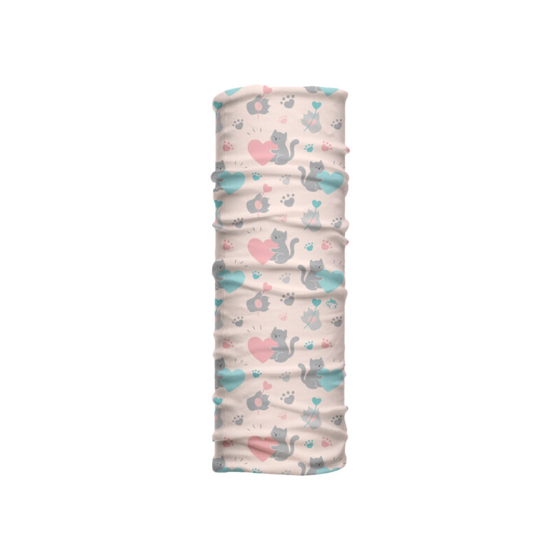 Cuello mediano Garromántico con gatos ilustrados, corazones pastel y huellitas. Microfibra transpirable ideal para climas cálidos y estilo romántico.