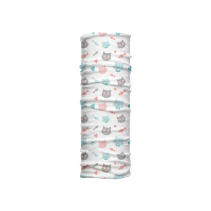 Cuello mediano Michis con ilustraciones de gatos y peces sobre fondo blanco. Microfibra transpirable ideal para climas cálidos y estilo tierno.