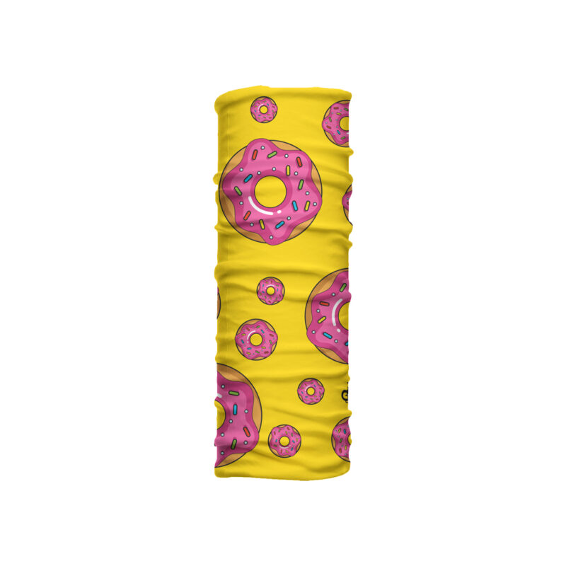 Cuello mediano Sinso con donas rosas glaseadas sobre fondo amarillo. Microfibra transpirable para climas cálidos, estilo urbano y uso diario.
