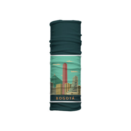 Cuello mediano Bogotá con ilustración de edificios icónicos como Torre Colpatria, Aseguradora del Valle y Monserrate. Microfibra transpirable urbana.