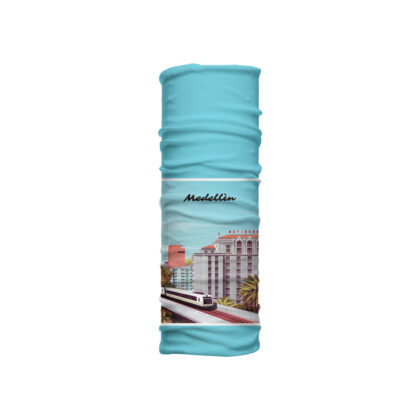 Cuello mediano Medellín con ilustración del edificio Mutiara y el metro en fondo celeste. Microfibra transpirable para clima templado y uso urbano.