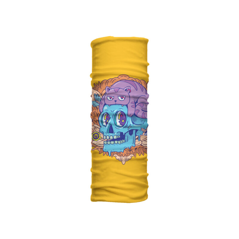 Cuello mediano Gavera con gato morado sobre calavera celeste entre flores. Microfibra transpirable para climas cálidos y estilo alternativo.