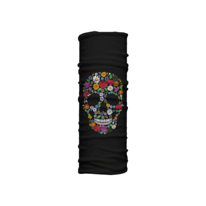 Cuello mediano Catrina con calavera ilustrada hecha de flores sobre fondo negro. Microfibra transpirable para estilo elegante y climas cálidos.