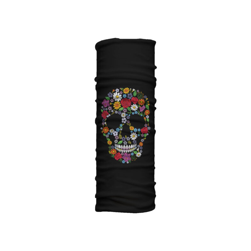 Cuello mediano Catrina con calavera ilustrada hecha de flores sobre fondo negro. Microfibra transpirable para estilo elegante y climas cálidos.