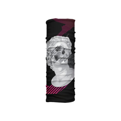 Cuello mediano David con escultura intervenida tipo calavera sobre fondo negro y líneas neón. Microfibra transpirable para uso urbano o artístico.