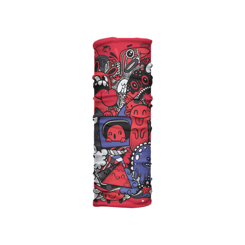 Cuello mediano Funny Monster con fondo rojo y monstruos ilustrados de estilo psicodélico. Microfibra transpirable para uso diario o urbano.