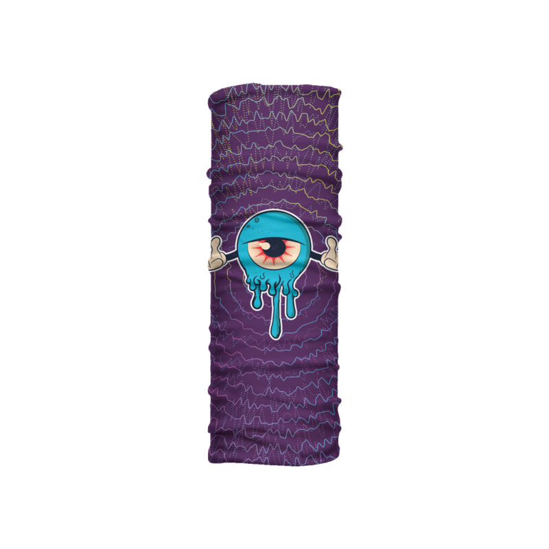 Cuello mediano Ojón con ilustración de ojo azul derretido sobre fondo morado con ondas de sonido. Microfibra transpirable para climas cálidos.