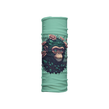 Cuello mediano Monkey con ilustración de monito rodeado de hojas y flores sobre fondo menta. Microfibra transpirable para clima cálido.