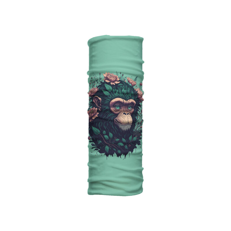 Cuello mediano Monkey con ilustración de monito rodeado de hojas y flores sobre fondo menta. Microfibra transpirable para clima cálido.