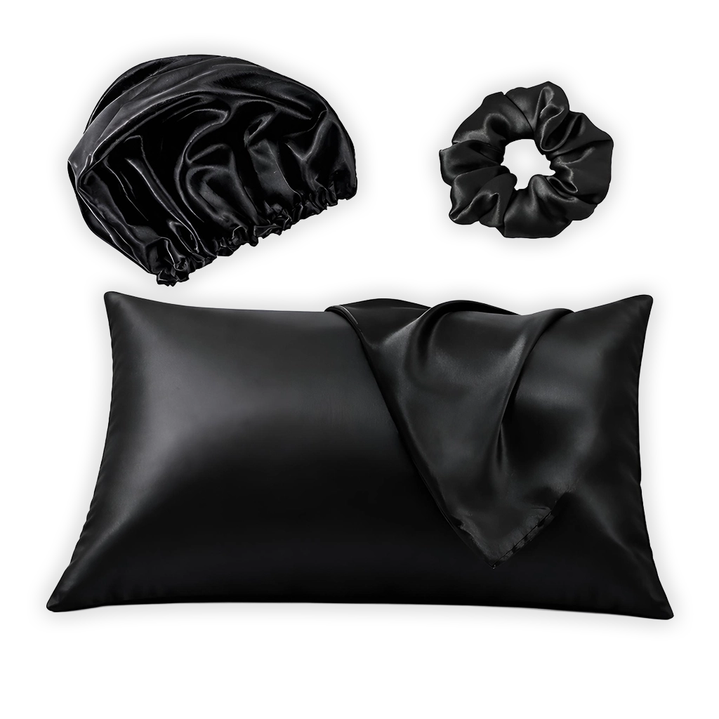 Kit de satín: gorro, funda y scrunchie