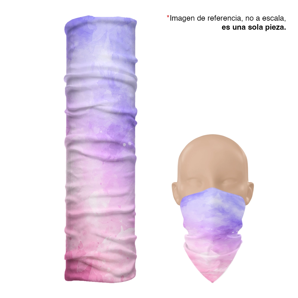 Diseño completo de la balaclava larga Aurora UV50+ en degradado de lila a rosa